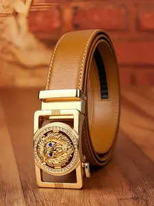 Men's and Women's Trendy Belt, Alloy Material with Automatic Buckle, Lion and Wolf Head Relief Designs, Sparkle Decorations, Rhinestone Belt, 1.38in/3.5cm Wide Terracotta-Colored Ratcheting Belt, Perfect for Holiday Gifts, Dance Parties