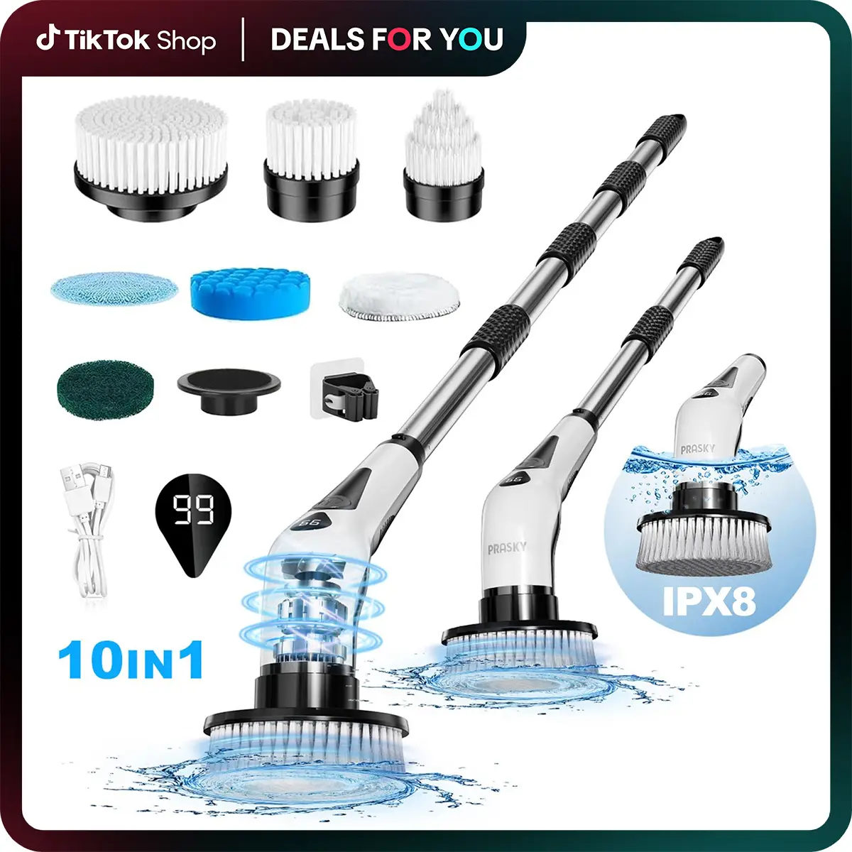 Prasky Electric Spin Scrubber, Cordless IPX8 Shower Scrubber with 9 Replacement Heads and 4 Tier Removable Handles, Dual Speed Extendable Spin Brush f