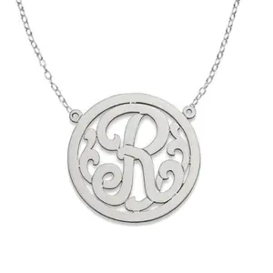 Round Script Monogram 925 Sterling Silver Initial Necklace