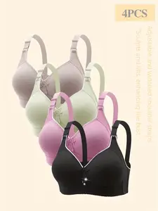 Women's Chic Lace Push-Up Everyday Elegant Bras, Seamless Comfort Fit, Breathable Soft Fabric, All-Day Support, Plain Pattern, Full Coverage, 4 Pack