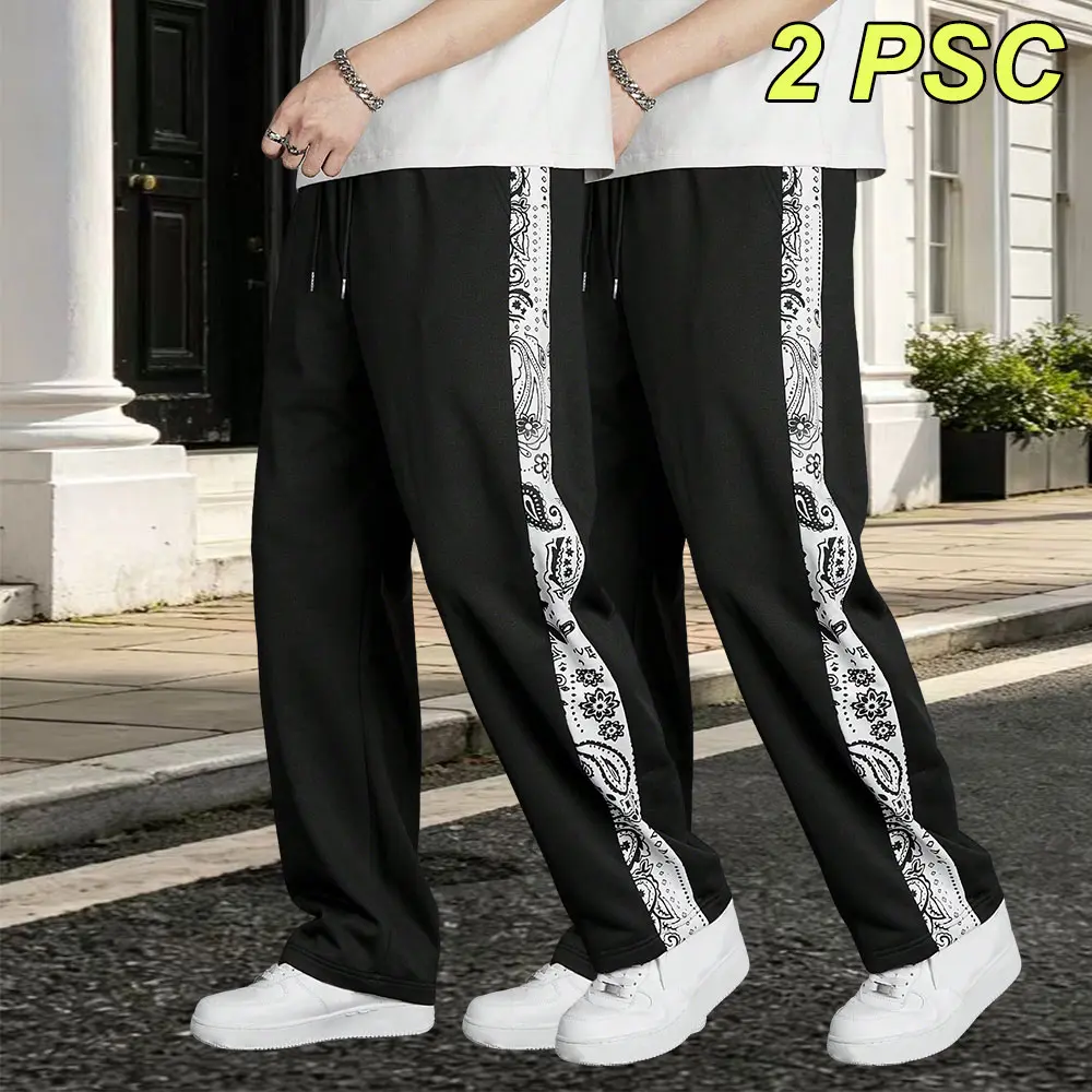 Men’s trendy joggers with nut pattern patchwork; loose straight wide-leg pants; high-street hip-hop joggers with side prints; student-friendly drawstring drop-length pants with a drapey feel—trendy street style suitable for everyday wear, campus commuting