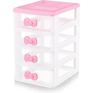Pink bow handle Multi-Layer Transparent Plastic Organizer Box - Small Sleek, Pull-Out Drawers Desktop Storage Solution for Cosmetics & Miscellanea, Ideal Bathroom Use