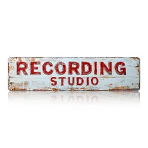 2D flat recording studio sign, 4×16 inches, rustic vintage aluminum metal sign for music studio decor