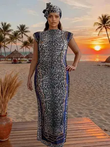 Women's Leopard Print Long Dress Set, Elegant Ruched Slim Fit Moo Moo Skirt & Scarf, Beach Sun Protection Silk Shawl