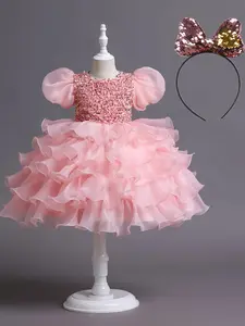 Girl's Contrast Sequin Bow Back Tiered Layer Fit and Flare Party Dress With Headband, Elegant Puff Sleeve Round Neck Midi Dress for Birthday Party Performance Wedding Guest, Kids Clothes for All Seasons, Layered Tulle Dress