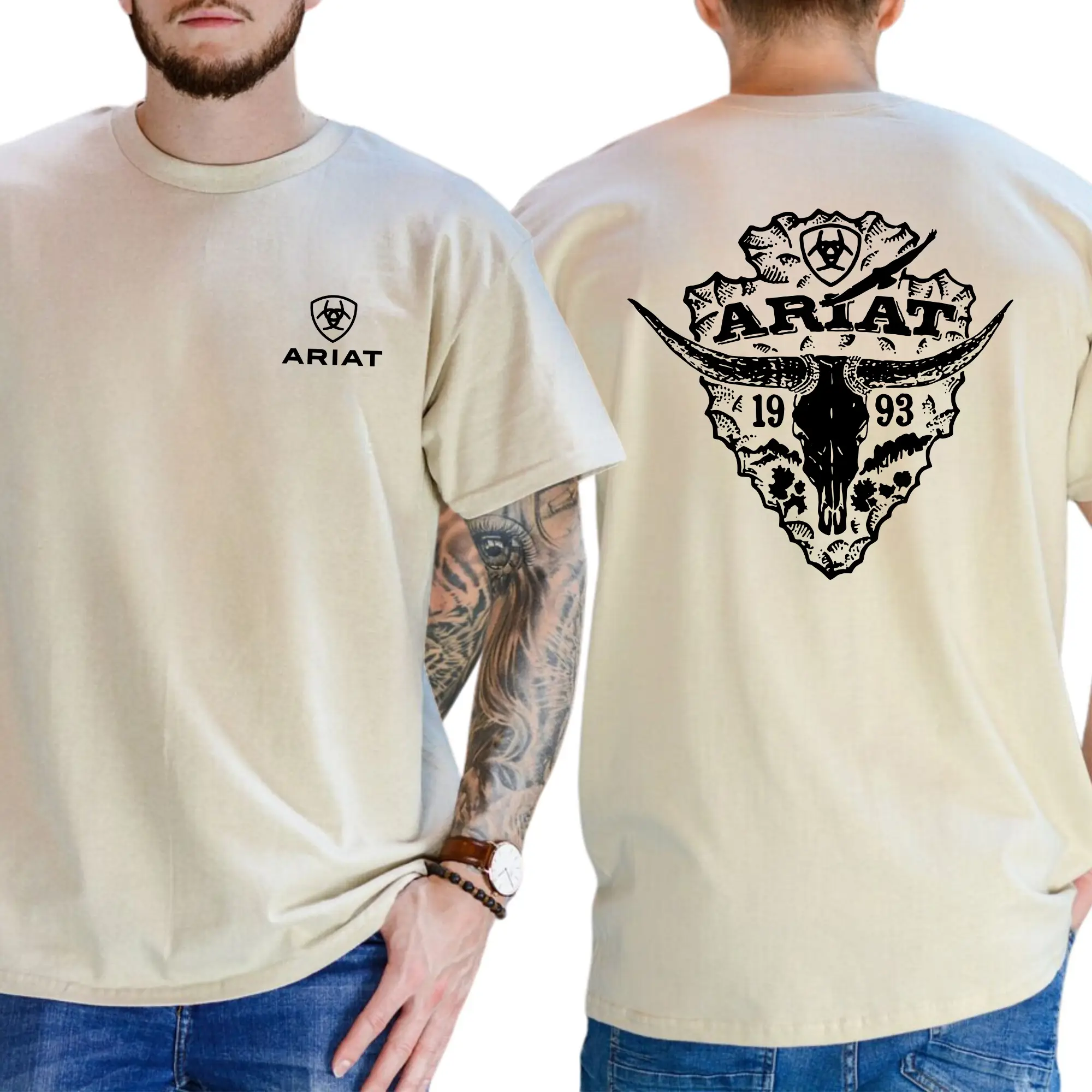 Ariat 1993 Western Rodeo 2-Sided T-shirt, Wild West Style Graphic Shirt, Casual Menswear, Cotton Short Sleeve Shirt
