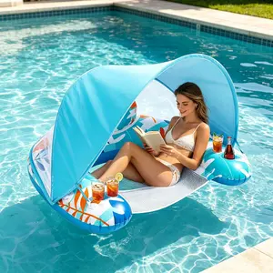 Inflatable Pool Chair Float with Adjustable Canopy, Adult Leisure Lounge Float with Sun Shade, Cup & Phone Holder, Water Float Toy for Pool & Beach