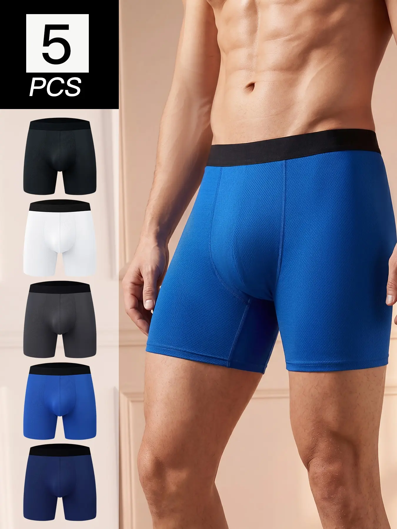 Men's 5 Pack Stretch Boxer Briefs, Stretchy Sports Underwear, Long Leg No Ride Up Moisture Wicking Quick Dry Breathable Sports Underwear, Anti Chafe Athletic Performance for Men, Running Cycling Workout Gym Loose Fit Underwear, Assorted Colors All Season