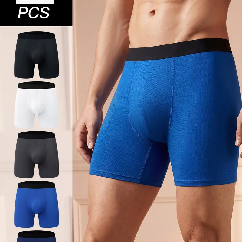Men's 5 Pack Stretch Boxer Briefs, Stretchy Sports Underwear, Long Leg No Ride Up Moisture Wicking Quick Dry Breathable Sports Underwear, Anti Chafe Athletic Performance for Men, Running Cycling Workout Gym Loose Fit Underwear, Assorted Colors All Season