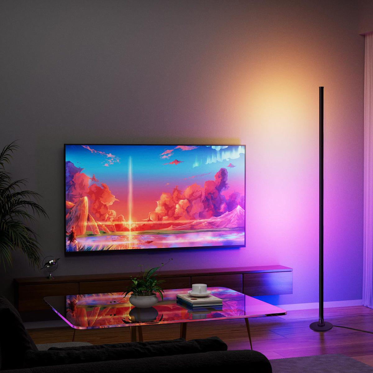 EISSLOLY LED RGBIC corner floor lamp, RGB+IC music synchronized DIY mode, remote control, USB power supply, with color changing and colorful functions, suitable for living room and bedroom, game room decoration, living room floor lamp