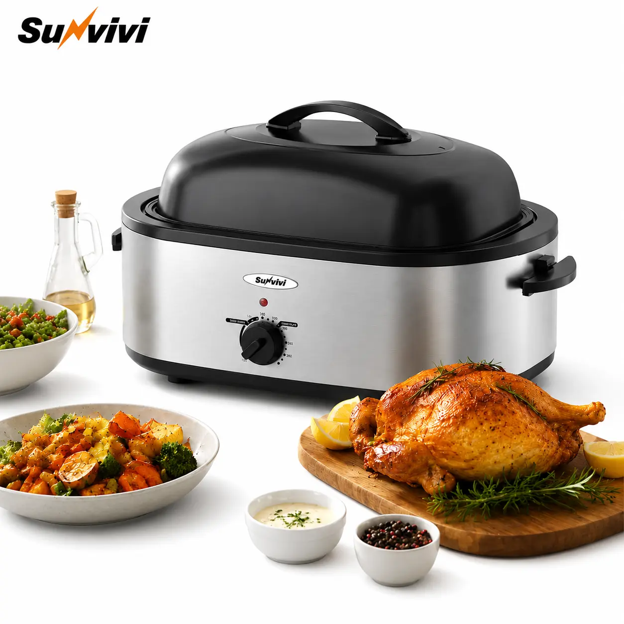 Sunvivi Electric Roaster Oven with Self-Basting Lid, Removable Pan & Liftable Rack for Turkey, Multi-Functional Cooker with Defrost/Warm Setting Holds Heat, Space-Saving Large-Capacity Countertop Appliance for Home Cooking, Back to School Busy Families