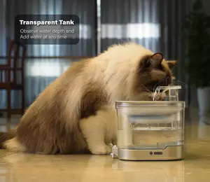 2L Rechargeable Smart Sensor Cat Water Fountain. 4-stage filtration, 270° infrared auto sensor. 5000mAh, Type-C, cordless. Water-electricity separation, detachable host. 304 steel basin, PC body, ABS base. Flowing water attracts cats to drink more.