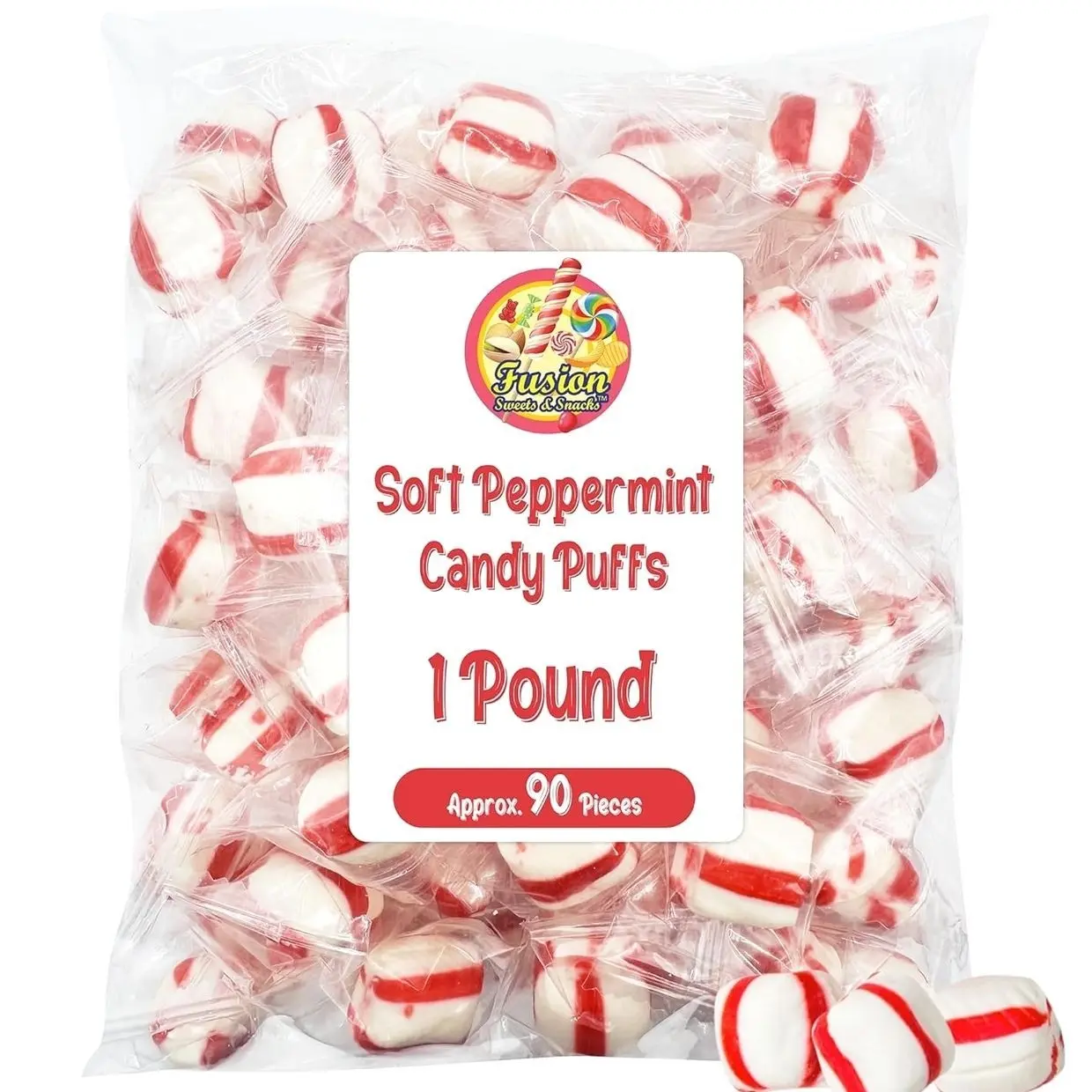 Soft Peppermint Puff Candy - 1 Pound Bag - Individually Wrapped Soft Mints Peppermint Puffs