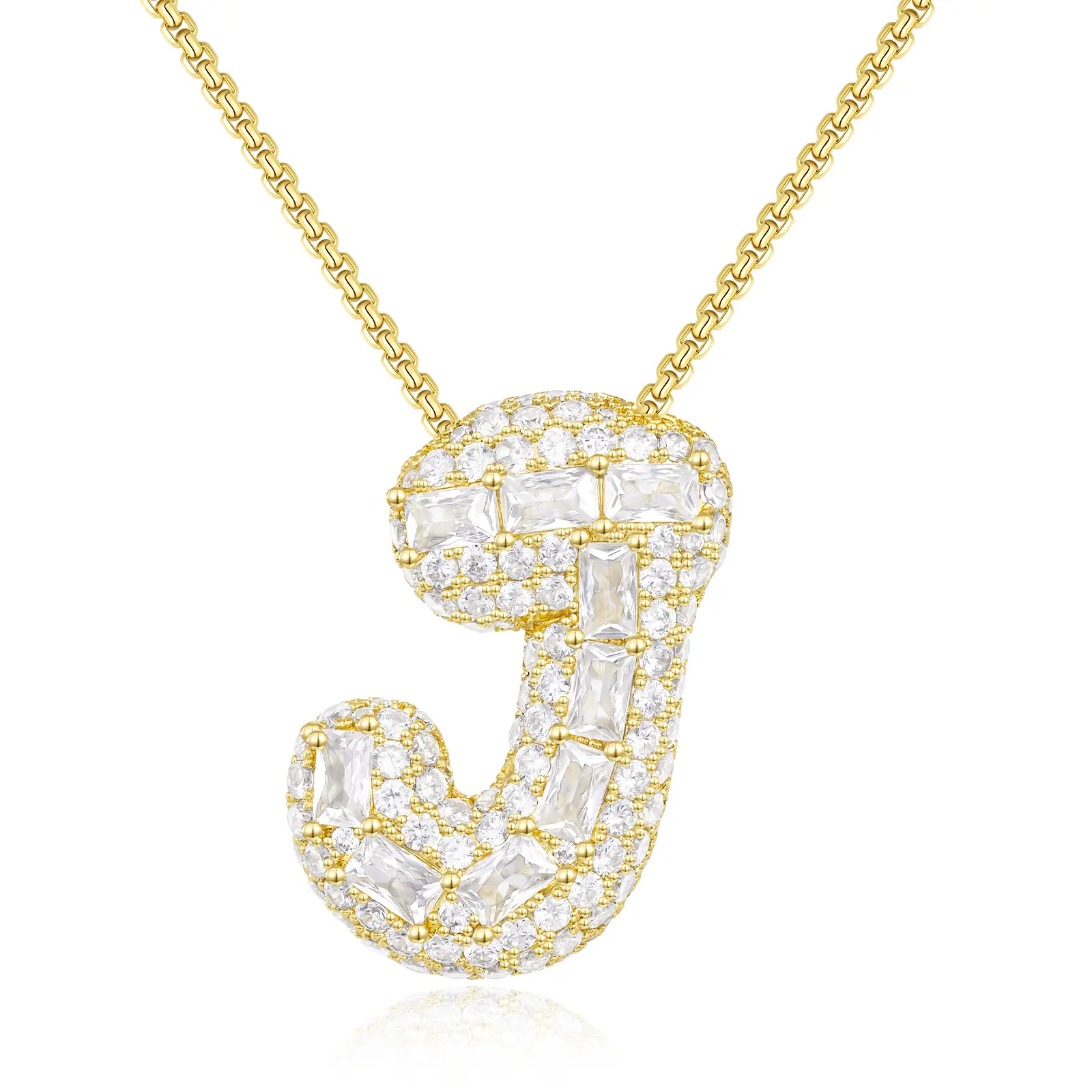 KissYan Bubble Letter Necklace, 14K Gold Plated Balloon Initial Pendant Necklace with Box Chain, Dainty Inlaid Square & Round CZ Pendant for Women Jewelry Gifts