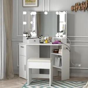 White Corner Makeup Vanity Set with Lighted Mirror Power Outlets & Cushioned Stool Modern Small Vanity Desk with Storage & Brush Holder for Bedroom