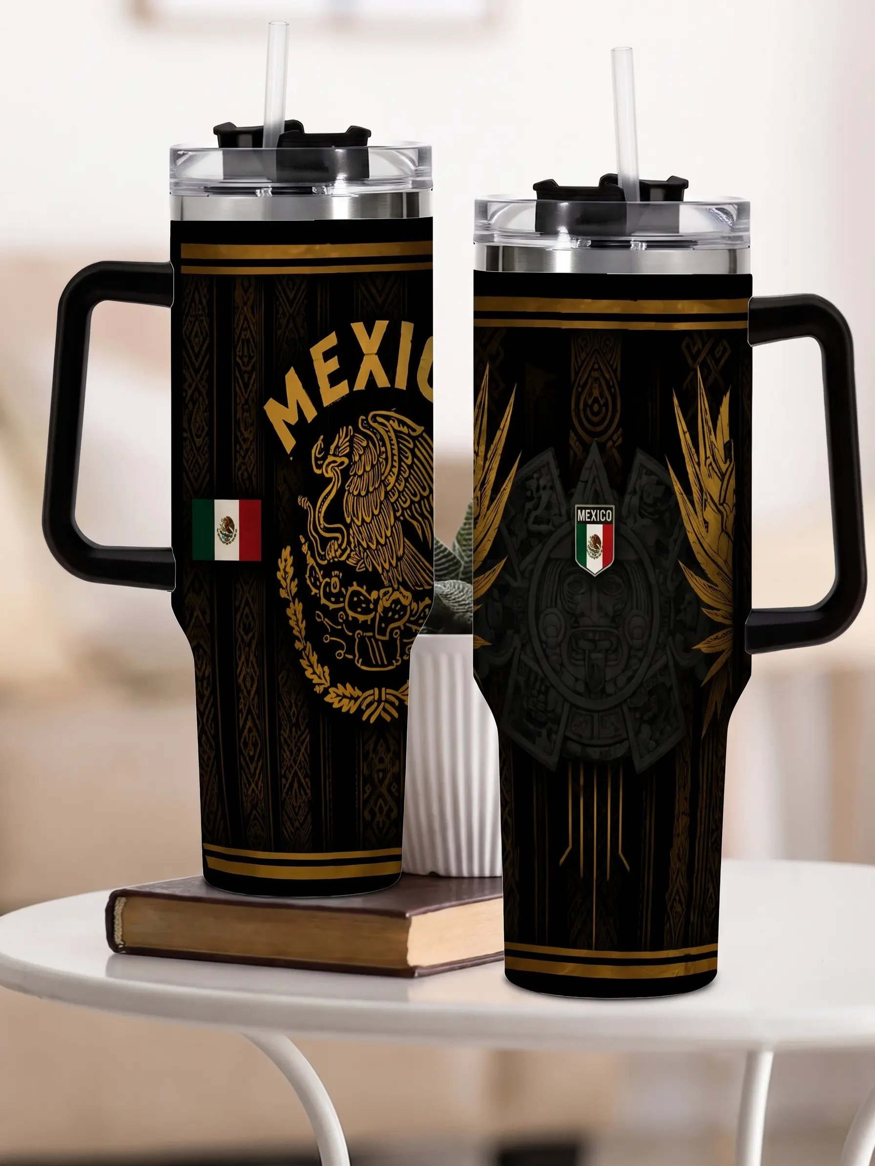 Stylish 40 oz Mexican Eagle Aztec Sun Stone Stainless Steel Vacuum Insulated Flask - Reusable Kitchenware Drinkware Tumbler with Handle, Plastic Lid