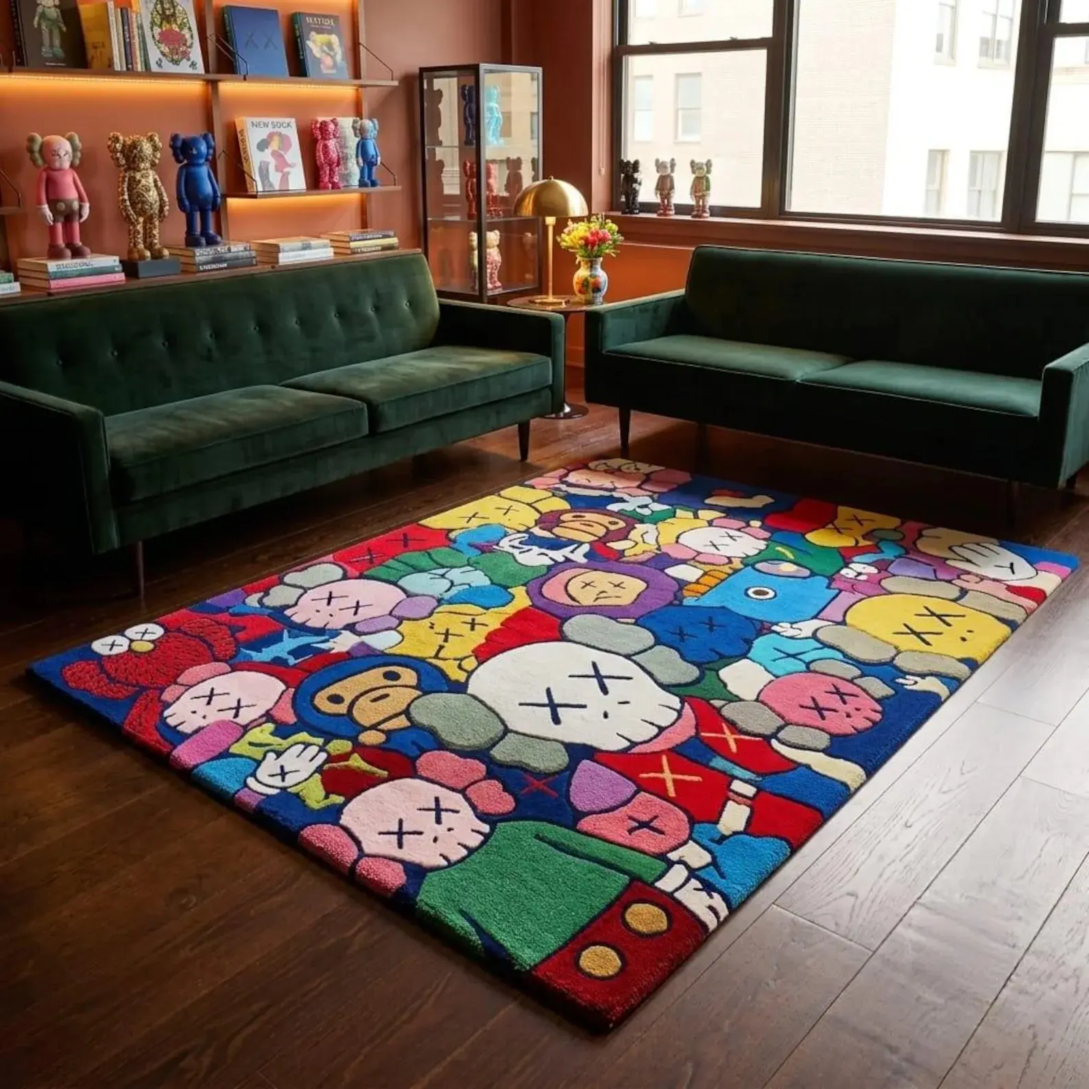 Hand Tufted Modern Wool Area Rug, Kaws-Inspired Colorful Pop Art Character Rug, Collector Decor for Living Room & Bedroom (5x8ft, 9x12ft)