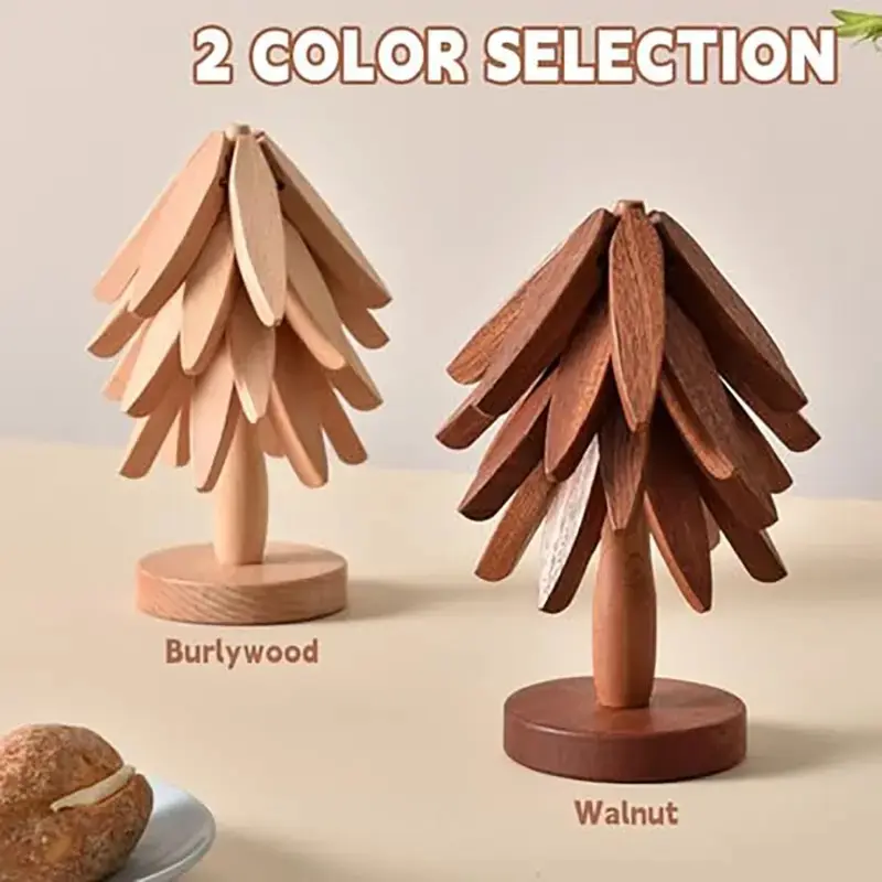 Home Kitchen Tree Shaped Collapsible Wooden Trivets Set, 4 Pack Heat Resistant Wood Hot Dish Coasters with Storage Stand, Space Saving Foldable Hot Pads for Countertop, Restaurant, Home Cooking