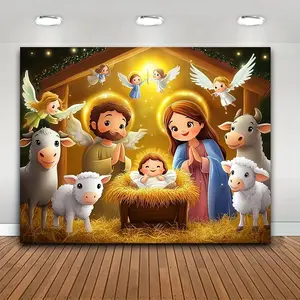 1pc 2D Flat Nativity Scene Backdrop Starlight Holy Family with Angels Shepherds & Animals Desert Manger Christmas Photo Studio Background Polyester Rectangular Design for All Seasons