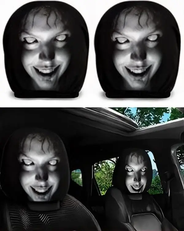 2-Pack Polyester Ghost Face Headrest Covers Creepy Charm Scary Print Auto Seat Protectors with Elastic Slip-On Wrap Universal Car Accessories for Cars SUVs Trucks Halloween Fun Vehicle Interior Decor
