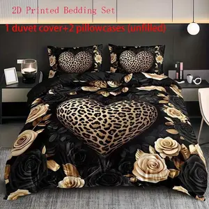 Leopard print heart-shaped flower Bedding 3-piece set, Bed Sets Supplies, suitable for bedrooms and guest rooms, including 2 pillowcases and 1 duvet cover (unfilled) polyester material, suitable for all seasons, preferred for Valentine's Day