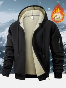 Men's Wool Lined Hooded Sweatshirt Jacket, Casual Hoodie, Casual Polyester Knit Fabric, Regular Fit, Fall Winter Outdoor Hiking Daily Wear