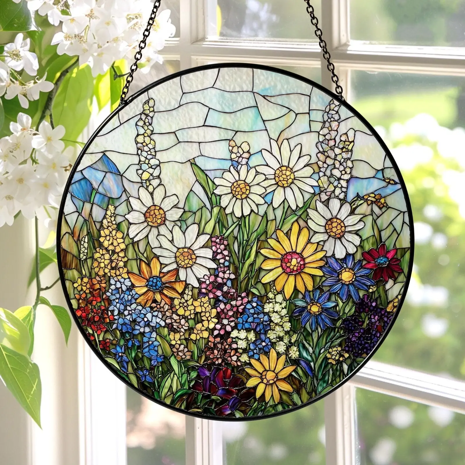 Wildflower Stained Glass Suncatcher Decor, Wildflower Window Hanging Decor