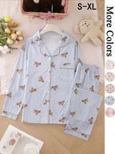 Women's Heart Print Pajama Two-piece Set, Long Sleeve Lapel Neck Button Up Top & Pants PJ Set, Casual Comfy Pyjama Set for Women, Loungewear