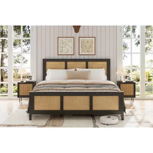 Garvee Boho Rattan Bed Frame with Cane Headboard, Available in King, Queen, and Full Sizes. Features Durable Metal Slats for Strong Support, Noise-Free Design, No Box Spring Needed, Modern Bedroom Furniture in Black or White.