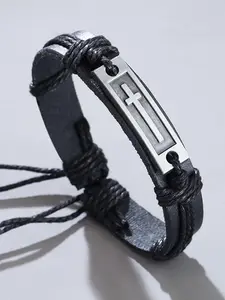 Men's PU Leather Cross Charm Punk Style Bracelet, Adjustable Strap Design, Perfect Gift for Him, Casual Daily Wear Accessory