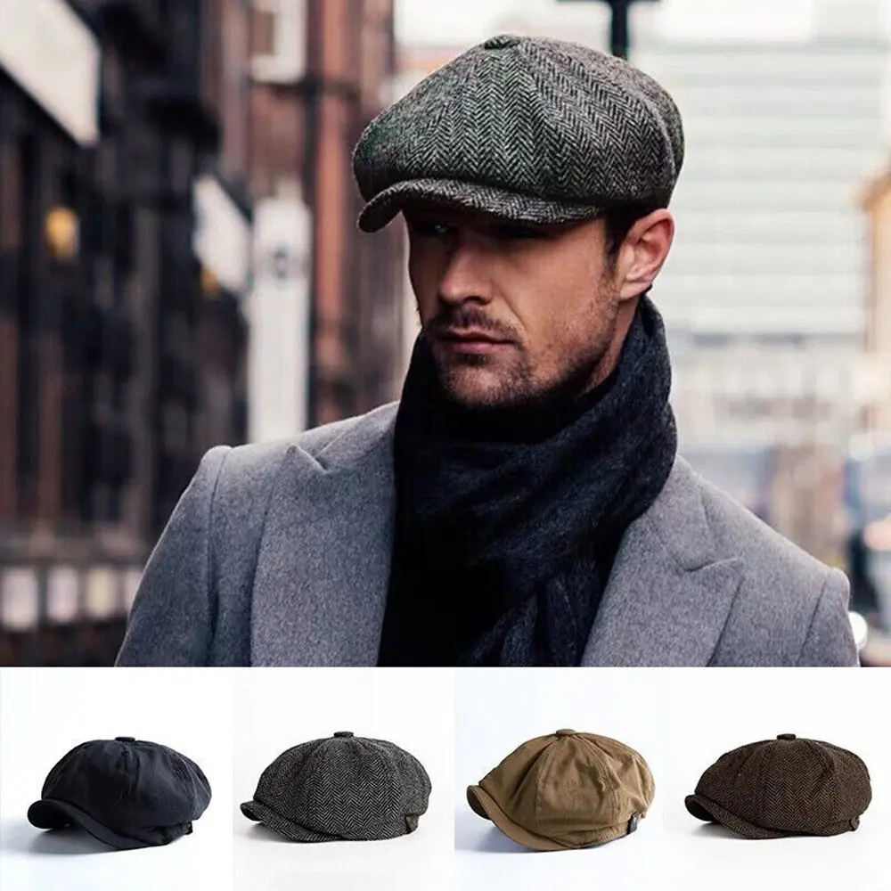 Vintage Wool Newsboy Cap – Classic Herringbone Flat Driver Hat Baker Boy Golf Style Flat Bill Hat Handcrafted Cap