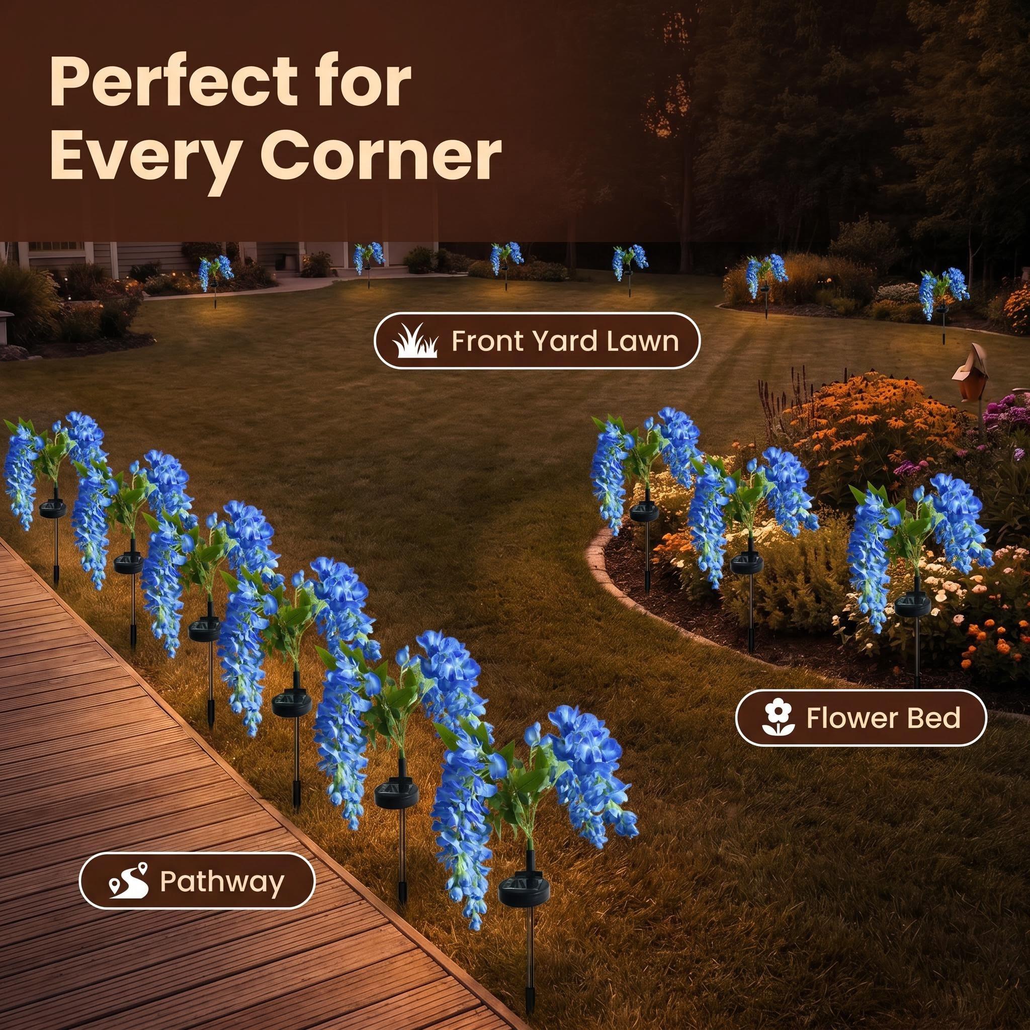 【AshKnoll】Solar Wisteria Flower Bouquets Ground-Stake String Light, Wireless Waterproof Artificial Decor with Ground Insertion for Garden, Patio, Potted Plants