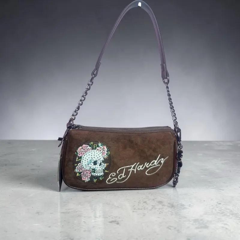 Ed Hardy Brown Suede Shoulder Bag Floral Skull Y2K Purse