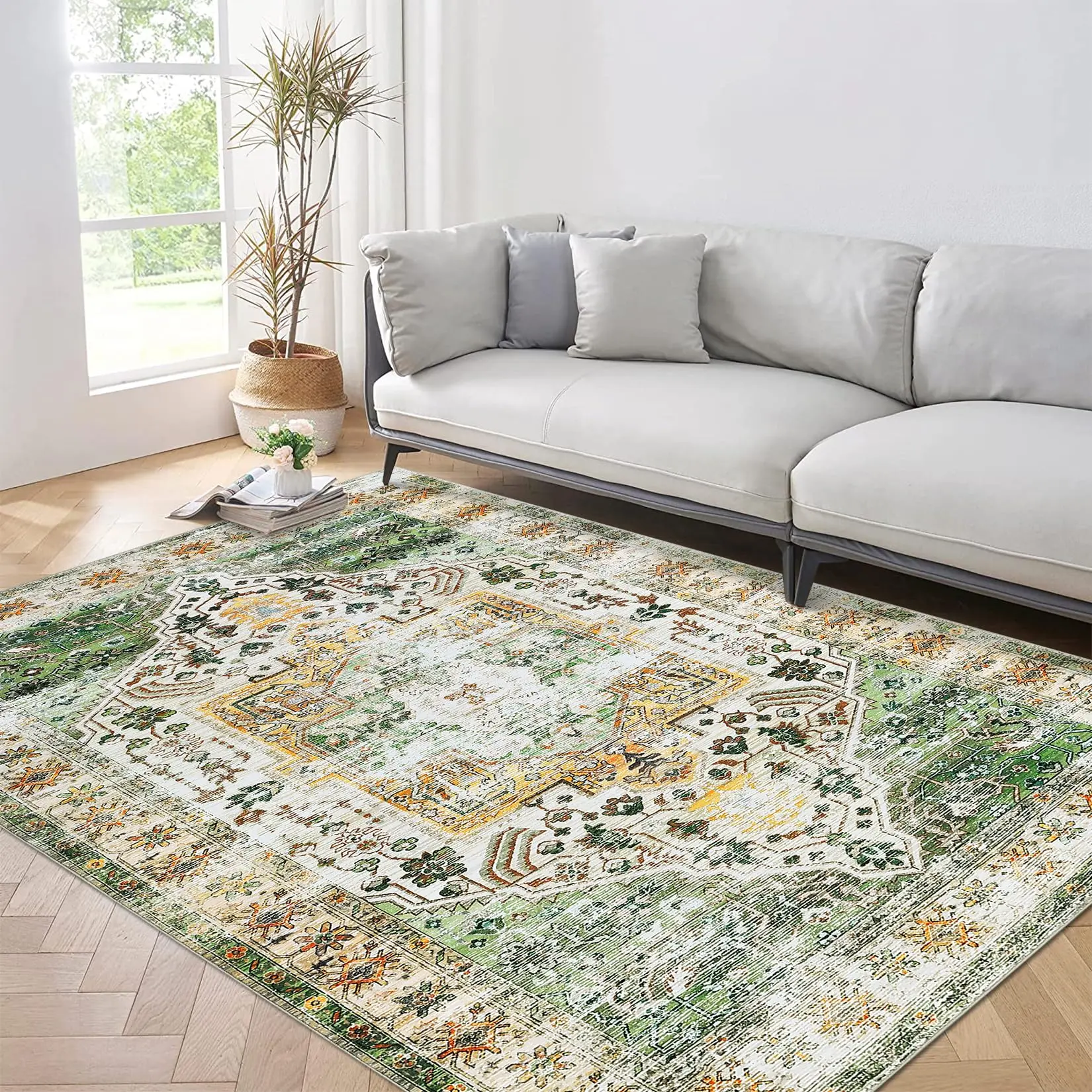 GARVEE Washable Vintage Rugs: Non-Slip, Stain Resistant, Low Pile Area Rugs for Living, Bedroom, Dining Rooms. Available in Blue, Green, Taupe, Brick Red. Ideal Indoor Use, Various Sizes & Colors.