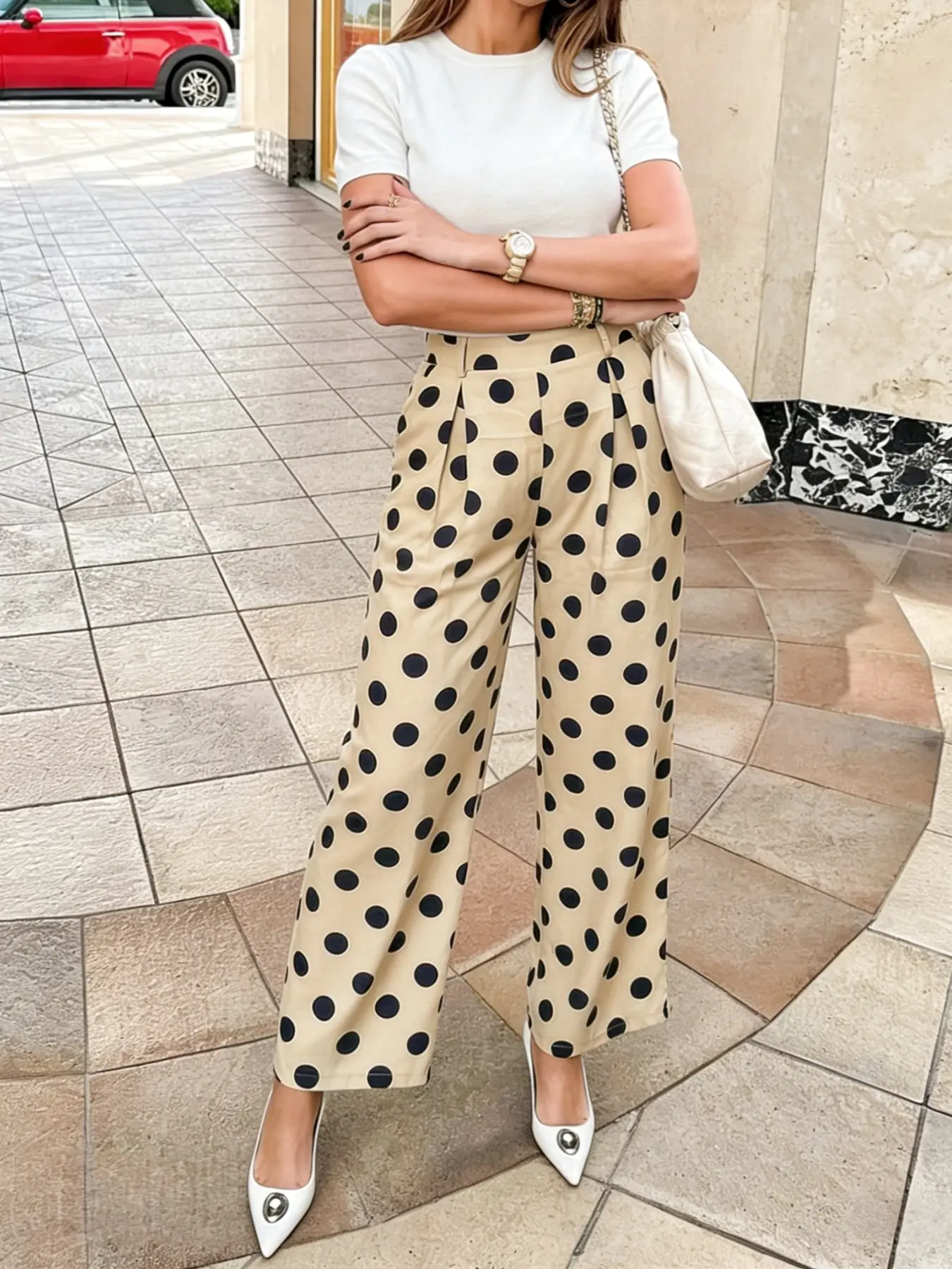 Vintage French Polka Dot High-Waisted Wide-Leg Pants - Beige Retro, Elastic, Y2K Coquette, Hot Girl Casual Trousers