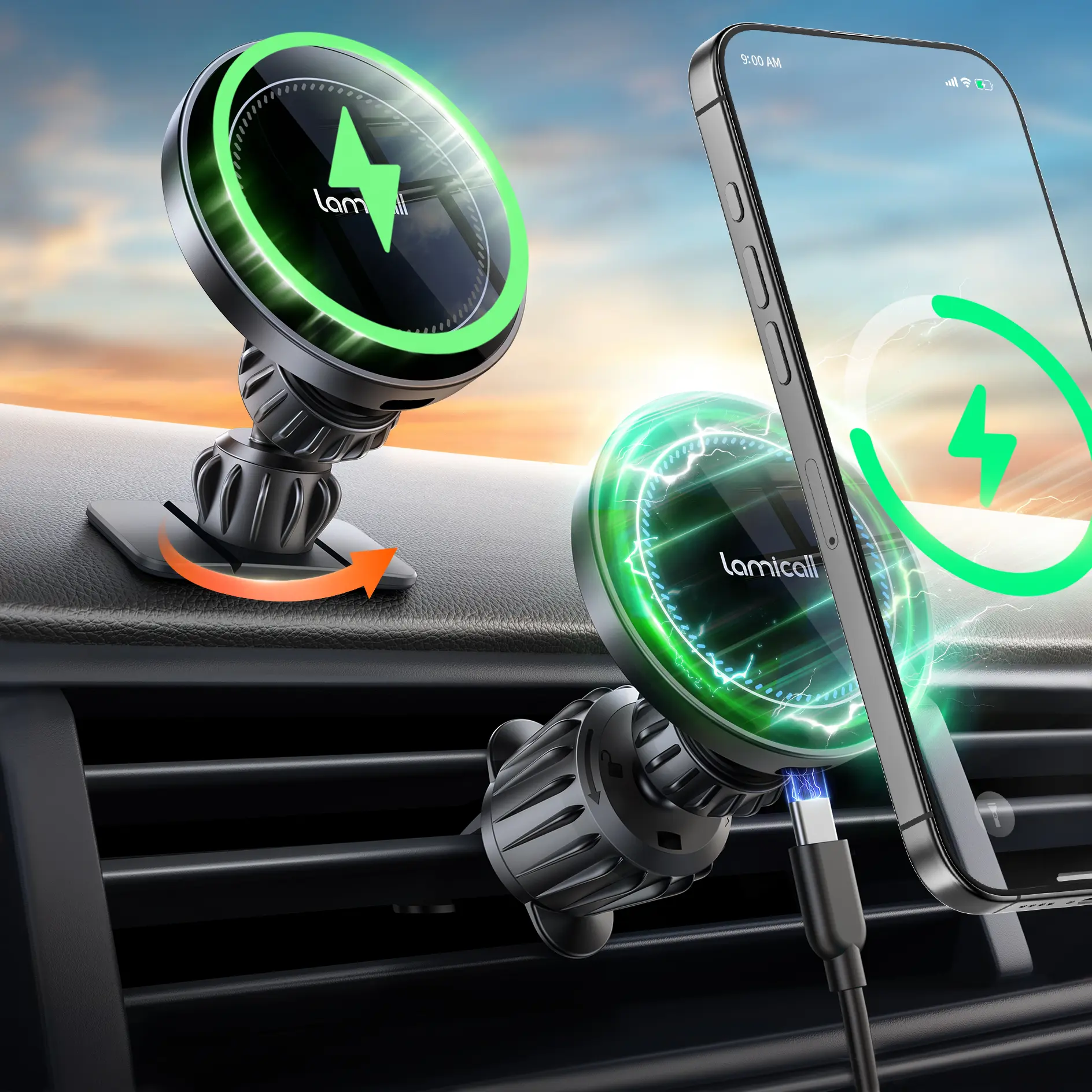 Lamicall Magnetic Wireless Charging Car Phone Holder - 360° Adjustable, Foldable, Powerful Suction & Vacuum Hold, Stable & Noiseless Car Interior Accessories for iPhone & Android, Wireless Mobile Charger