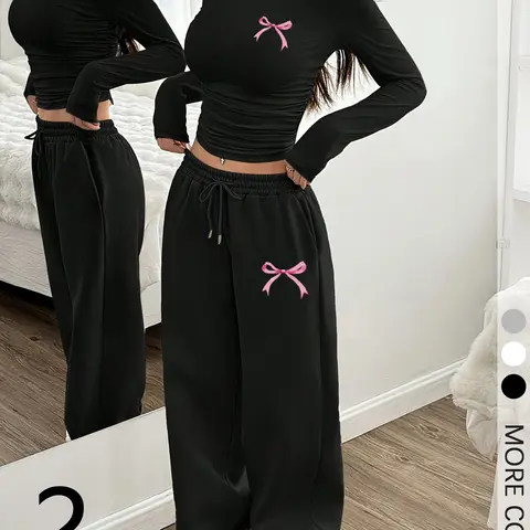 Two-Piece Set Women's Bowknot And Butterfly Print Fitted Round Neck T-shirt And Pants, Clothes Two Pieces Sets Casual Fashion Suit Outfit for Fall & Winter, Women's Long Sleeve Suit for Daily Wear Everyday Womenswear