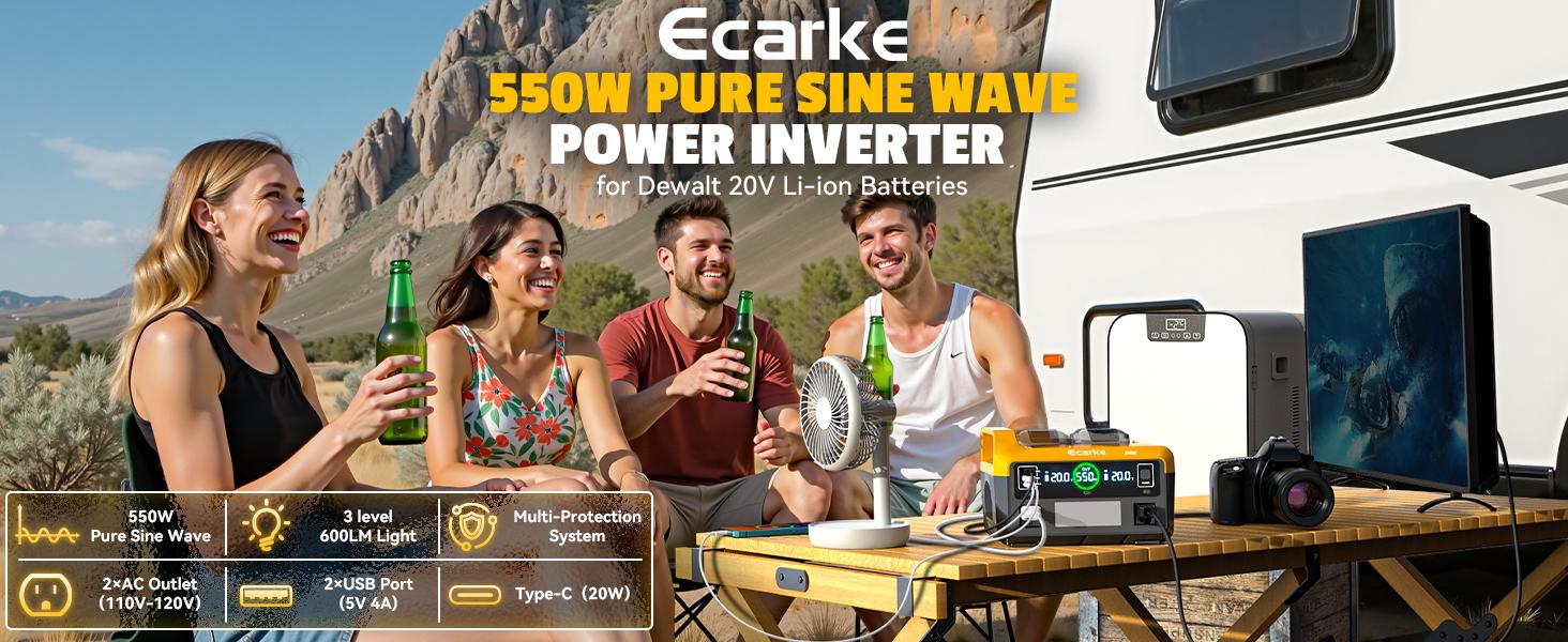 550W Portable Power Inverter Compatible with Dewalt 20V Battery, Battery NOT Included, Power Station DC 18V to AC 110V Pure Sine Wave, Battery Power Adapter 2 USB-A & 1 Type-C & 2 AC Outlet, Generator Phone Charger LED Light Camping Emergency
