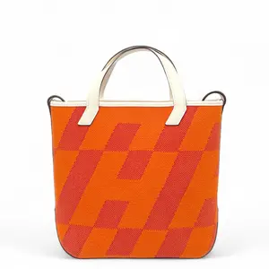 Pre-owned HERMÈS Leather tote bags Hermes Cabas H En Biais Tote 27 Canvas Swift Orange Red 01 White (0729m4)