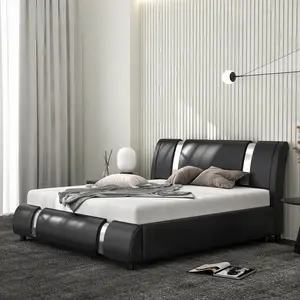 MUTICOR Bed Frame with Modern Iron Pieces Decor,【Frame Only No Mattress】 Faux Leather Platform Bed with Curved Adjustable Headboard, Wood Slat Support, No Box Spring Required#TikTokShopBlackFriday #ChristmasGifts