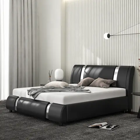 MUTICOR Bed Frame with Modern Iron Pieces Decor,【Frame Only No Mattress】 Faux Leather Platform Bed with Curved Adjustable Headboard, Wood Slat Support, No Box Spring Required