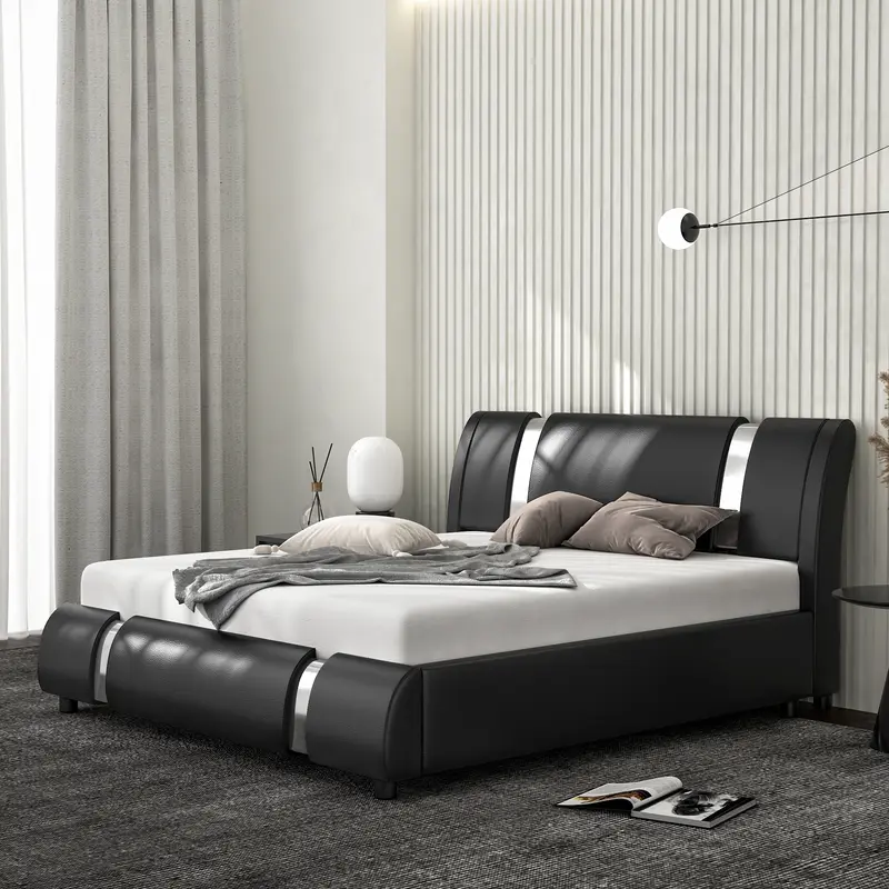 MUTICOR Bed Frame with Modern Iron Pieces Decor,【Frame Only No Mattress】 Faux Leather Platform Bed with Curved Adjustable Headboard, Wood Slat Support, No Box Spring Required