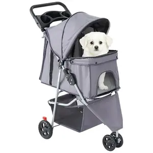 Sleek Gray Pet Stroller - Waterproof, Breathable Mesh & Secure Leash for City Walks