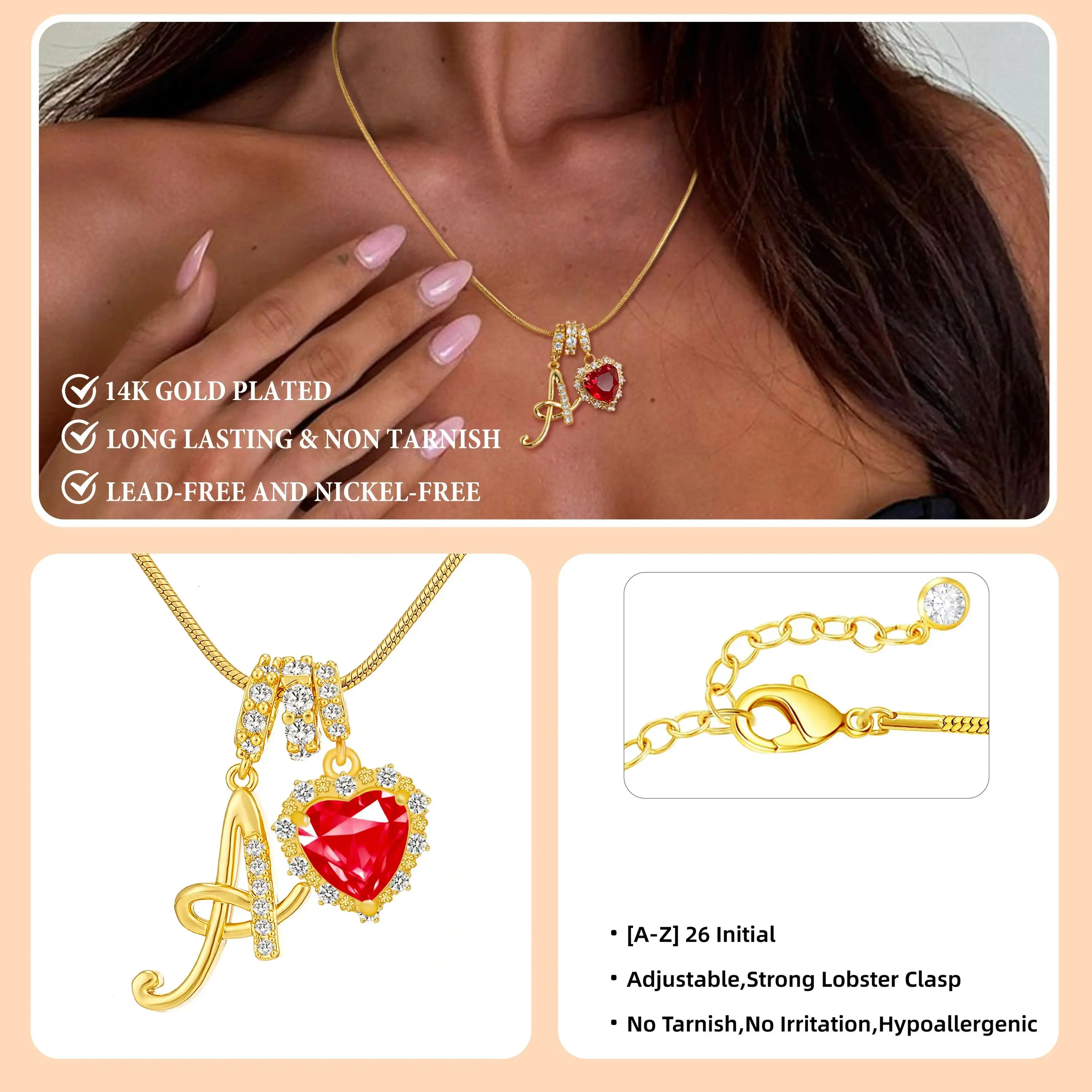 Red heart-shaped 26-letter necklace, personalized birthday gift, custom-made necklace with initials, lobster clasps for allergy prevention, suitable for women and young girls to wear. Valentine's Day gifts and birthday gifts are the top choices.