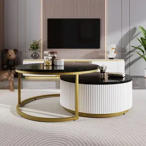 Bellemave Modern Round Nesting Coffee Table Fluted with Drawer in Black & Gold 27.6" Foldable MDF Top for Tidy Living Space