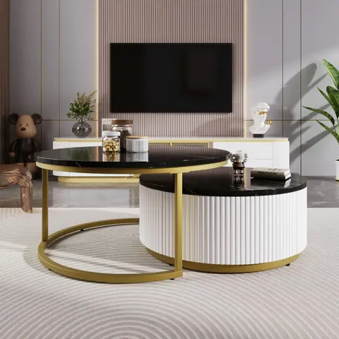 Bellemave Black & Gold Chic Round Fluted Nesting Coffee Table Set - Space-Saving 2-Tiered Indoor Furniture, 27.6" Foldable MDF Top, Convenient Drawer, Fluted Base, Storage, Modern Accent Tables, Metallic Gold Details Home Furnishings
