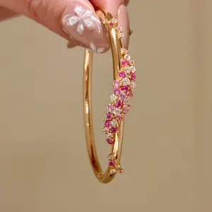 Elegant Pink Cluster Bangle Bracelet for Women, Dainty Sparkly Floral Wrist Cuff, Luxury Inspired Everyday Wear Jewelry, Trendy Bridesmaid Gift, Formal & Casual Outfit Accessory, Timeless Design Stackable Bangle, Perfect Gift for Birthday/Anniversary