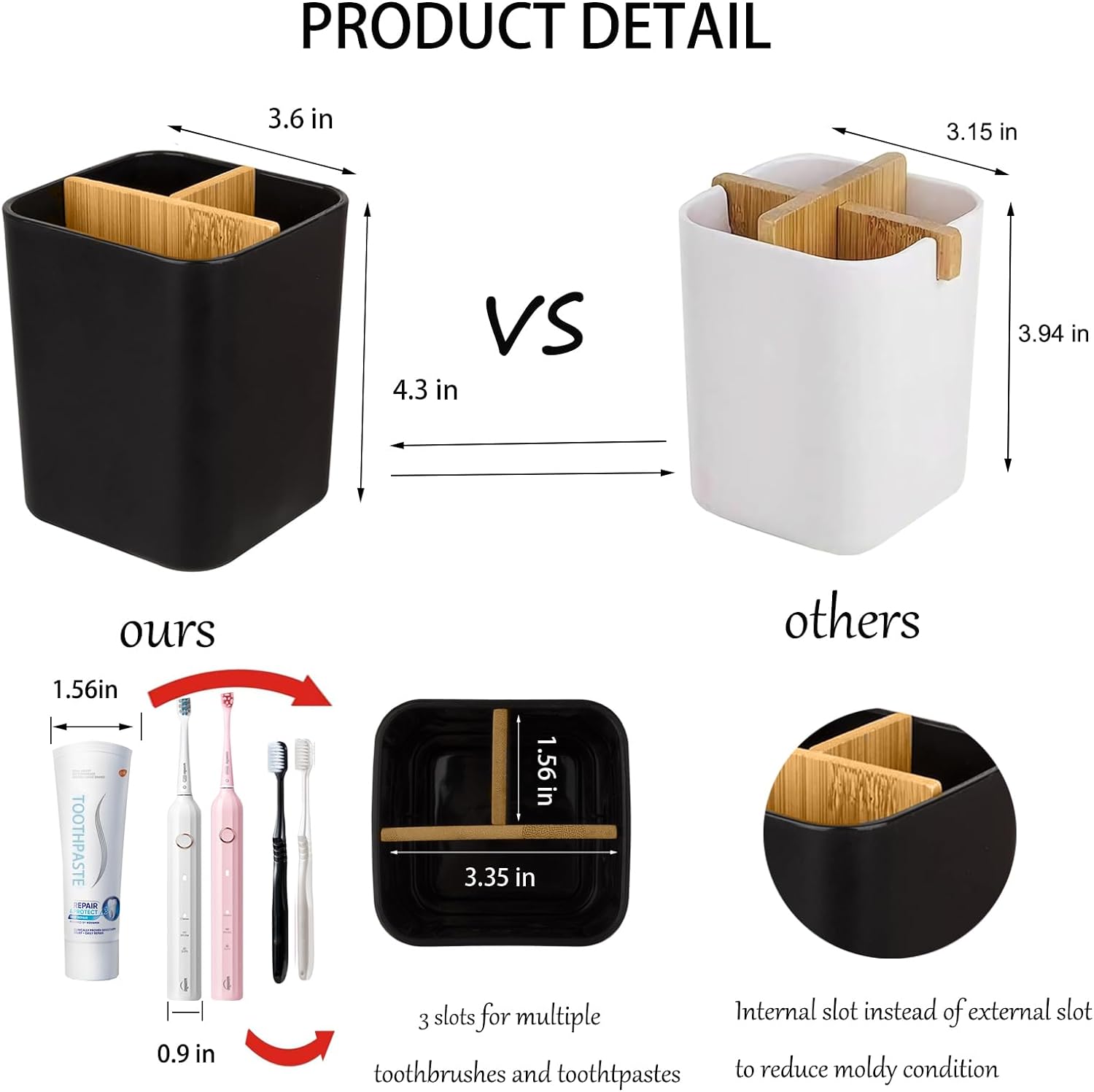 Bamboo Toothbrush Holder for Bathroom Counter 3 Slot Toothbrush and Toothpaste Organizer Electric Toothbrush Storage Caddy with Removable Compartments Bathroom Counter Organizer