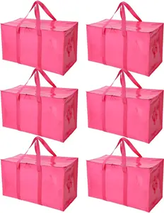 6 Pack Moving Bags Heavy Duty, Extra Large Moving Bags, Moving Supplies, Storage Bags with Handles and Zippers, Waterproof Totes for Storage Space Saving Packaging Shipping and Travel(Pink)