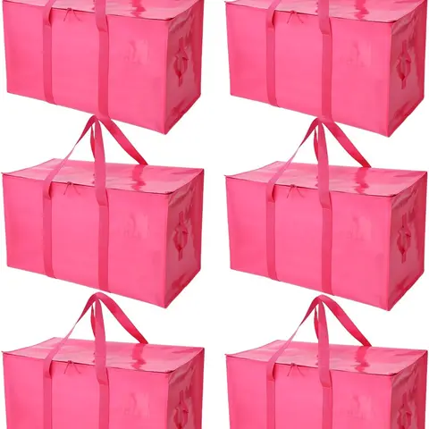 Summerwins 6-Pack Heavy-Duty Classic Large Collapsible Storage Bags, Durable Plastic Organizers with Handles, Zippers, Daily Use Zipper Pouches for Moving Supplies (Pink)